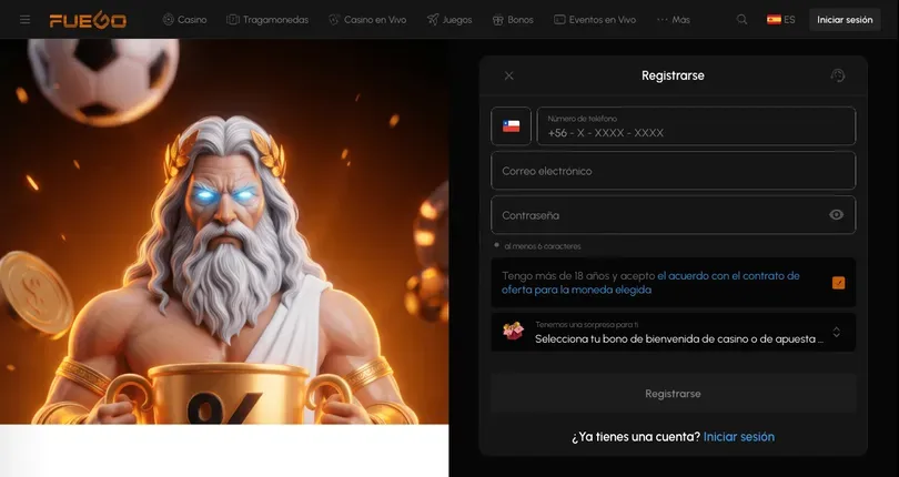 Formulario de registro de Fuego Casino con el prefijo +56 preseleccionado para Chile